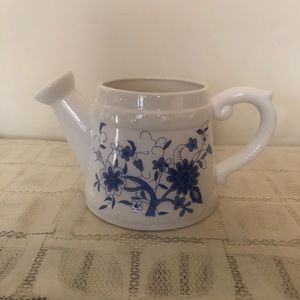 White Ceramic  blue flowers water can flower pot vase .4” x 5”